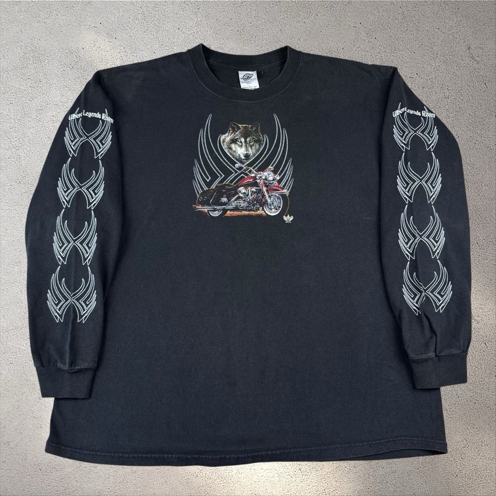 Vintage 90s Motorcycle T Shirt Sleeve Hit Mens XL Biker Wolf Where Legends Roam